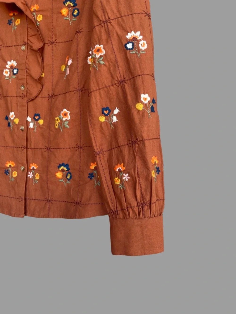 SEZANE Rust Orange Blue Floral Embroidered Ruffle Button Down Shirt Chlo Blouse - Picture 5 of 17